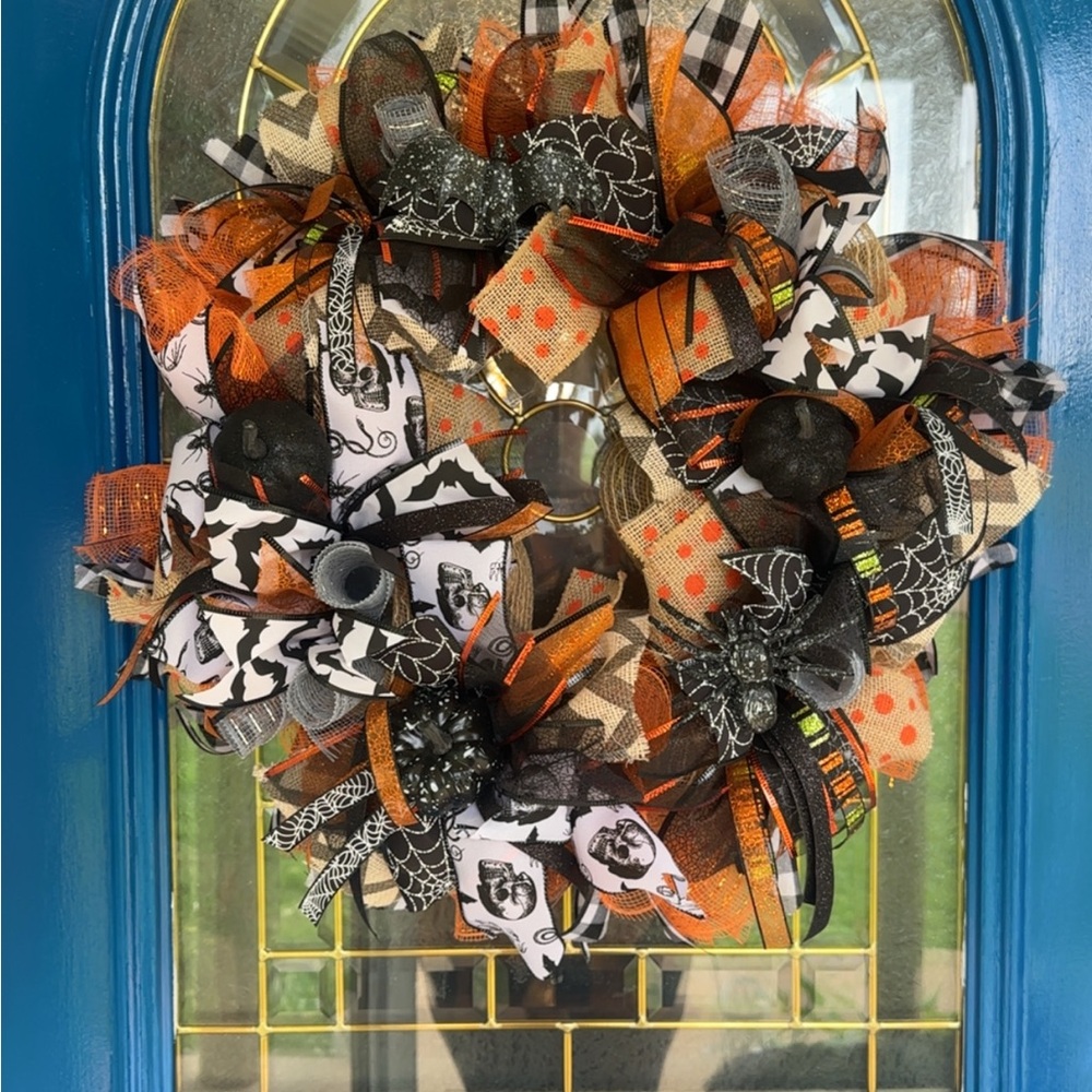 Halloween Themed Wreath with Orange and Black Accents